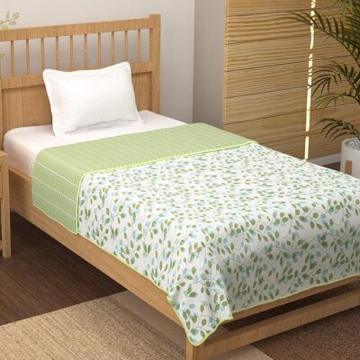 Story @ Home Doha Single Bed Cotton Blankets for Monsoon | 144x 220CM, 150GSM Ac Comforter and Cooling Blankets for Monsoon | Olive Green & White | Floral Pattern Quilt Duvet | All-Season Blanket