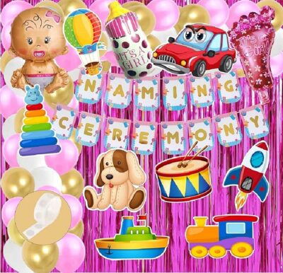 AGK Naming Ceremony Decoration Kit for Girl (Set of 58 Pcs) | Naming Ceremony Banner set With Cutout | Pink Curtain | Girl Shape Balloon | Feet Balloon | Bottle Balloon and Party Balloons