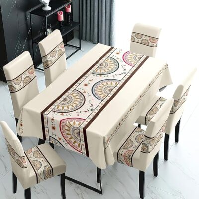 Styley's Dining Table Cover 6-Seater Waterproof with Chair Covers | Table Cover Cloth | Dining Table Cover Cloth Combo - 1 Table Cover + 6 Chair Cover, Cream Mandala Print, XKFSZB-10