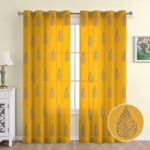 THE LINEN COMPANY Cotton Linen Solid Sheer Curtain Set with Steel Eyelet Rings Window Curtain - 4.5 x 6 Feet (Set of 2 - Blue Leaf on Mustard)