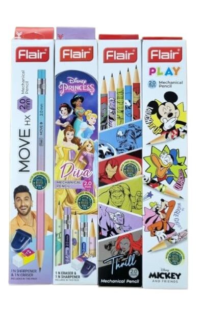 FLAIR MOVE HX 2.0mm Mechanical Pencil| Strong Extra Dark 2B Lead, Multicolor Body| Refillable, Easy To Sharpen, Wood Free| Includes 20 Pencils, 2 Pro-Sharp Sharpeners & 2 Erasers| Characters May Vary