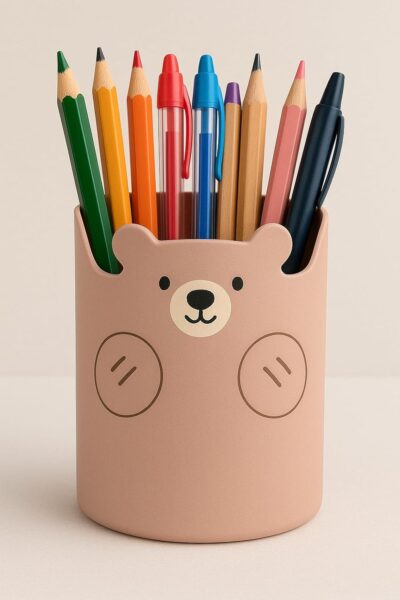 AccuPrints Plastic Pen Holder, Cute Bear Pencil Pot Creative Funny Pen Cup Organizer For Kids, Desk, School Classroom, Office (Peach Bear) (A2P2)