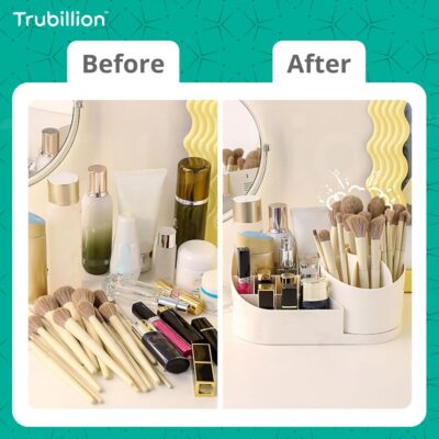Revolve 360 Degree Rotating Office Desk and Makeup Brush Organizer Stand, Multipurpose Organizer with 16 Compartments for Brushes, Pens, Stationary – Durable, No Installation Needed (White)
