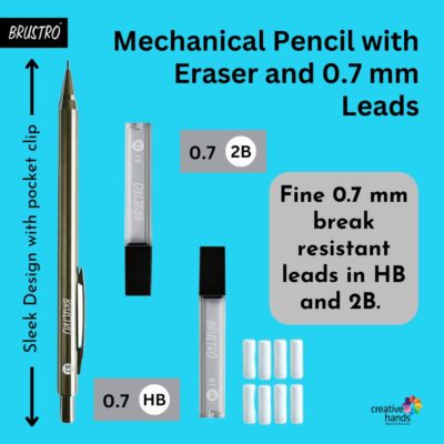 BRUSTRO Mechanical Pencil Set | HB-20 leads, 2B-20 leads,Spare eraser 8 units|Tip size 0.7 mm | Ideal for Students,Adults, Home, School, Office, Stationery Use |Writing, Sketching, Drawing,Mandala Art