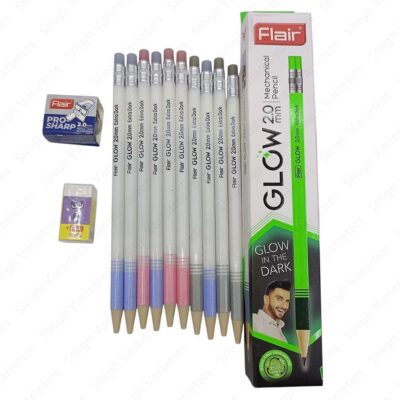 NATIONAL STATIONARY FLAIR GLOW 2.0mm Glowing Mechanical Pencil Set of 10 | Durable Writing Pencils for School, Office, Students, Drawing, Sketching Pencil Glow In Dark/Night |1 Erase and 1 Sharpner