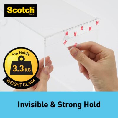 Scotch Clear Double-Sided Tape by 3M, 1M Holds 3.3 Kg, Invisible Finish, for indoor hanging applications, works on uneven surfaces, Heavy Duty, Strong Adhesive, (L: 1.5m, W: 19mm), Transparent
