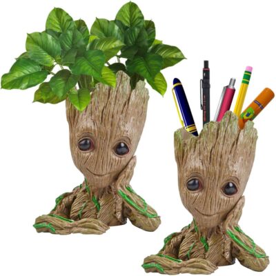 Marvel Avengers Infinity War Pot Groot Wooden Look Tree Flowerpot Cum Pen Container- Tree Man, 16 cm, White, 1 Piece
