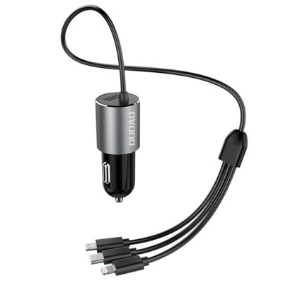 DUDAO R5PRON Premium Car Charger – Metallic Body, 3.4A Super Fast Car Charger with Attached 3-in-1 Cable, Additional USB Port, Qualcomm 3.0 Car Adapter, Compatible with iPhone & Android Devices.