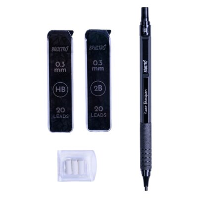 BRUSTRO Kuro Precision Mechanical Pencil | Tip Size - 0.3mm With 20 - HB and 20-2B leads, 3 Eraser Refills| Ideal For Writing, Sketching, Drawing, Mandala Arts and Fine Art Students