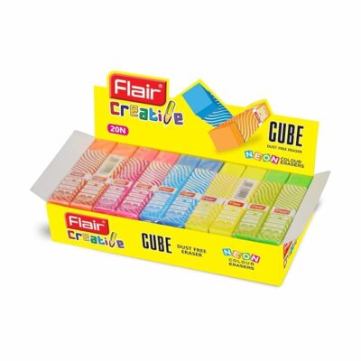 Flair Creative Series Cube Eraser Box Pack | Neat & Dust Free Erasing | Neon Color Erasers | Stationery Gift Item For Kids & Students | Safe for Children | 5 Different Body Colors | Pack of 20 Erasers