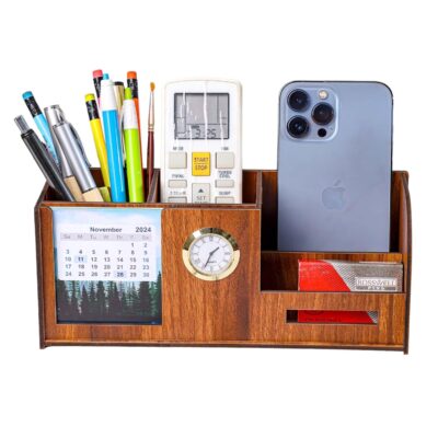 Deskart Desk Organizer With Calendar, Clock, Business Visiting Card And Mobile Holder|Multipurpose Wooden Pen And Pencil Holder Stand For Office&Study Table, Desk Supplies Organisers,Brown
