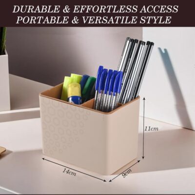 Kuber Industries Plastic 3-Compartment Pen Holder For Study Table | Marker/Pencil Stand & Desk Organizer for Student | Office Table Accessory for Stationary Item | Sandy Brown