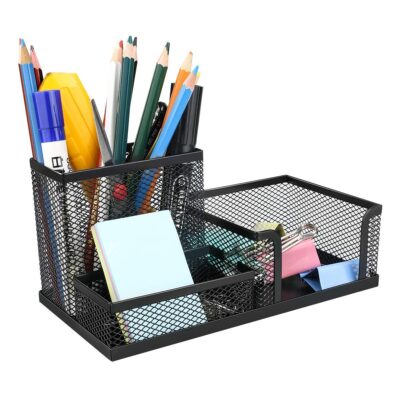 VAVSU Mesh Pen Holder | 3 Compartment Metal Pencil Case | Desk Organizer Stand | Office, Home & School Use | Storage Rack (Black)