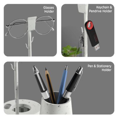 eo Pen Stand for Study Table with Self-Watering Plant Pot, Glasses & Smartphone Holder – Desk Organizer & Pencil Holder for Office, Home, Kids, Students, Study Room Desk Station White