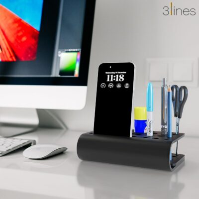 Acrylic Tiny Twist Pen and Pencil Stationary Storage | Phone Stand | Mini Desk Organizer | Individual compartment for all the stationary | Home and Office Accessories | Black