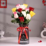 Flower Aura Fresh Artificial Flower Bouquet of 12 Mix Roses in Glass Vase for Birthday & Anniversary Gift, Wedding Gift, Mother's Day Gift, Love & Romance Gift, Father's Day Gift (Same Day Delivery)