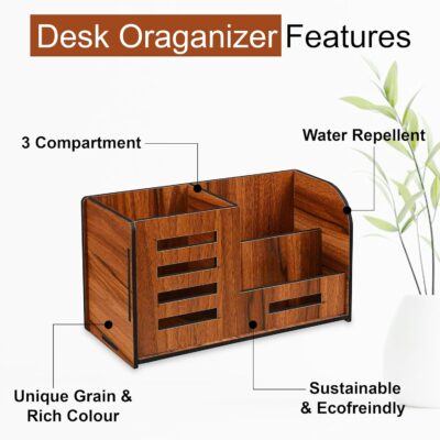 GLUN Wooden Pen Stand with Mobile & Visiting Card Holder | Multipurpose Desk Organizer for Office & Home | Pen Pencil Stand with Business Card Holder Brown, 8X17.5X10 Cm