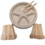 Hriday Foods Corn Starch Disposable Plates – 11 Inch Round with 4 Compartments – Set of 25 with Free Wooden Spoons (25) & Forks (25) | 100% Biodegradable | Ideal for Lunch & Dinner Parties
