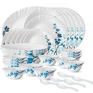 Larah by BOROSIL Opalware Glass Dinner Set - 33 Pieces, (White and Blue)