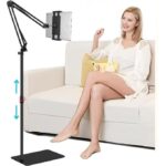 Mobile + Tablet Floor Stand [1 Mobile + 1 Full Size Tab Holder Clip]-SooPii Tablet Holder Mount with Adjustable Height & Strong Arm, Heavy Base, Compatible with Tabs & Cell Phones (4.7''-14'' Devices)
