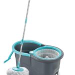 Plastic Big Bucket with 2 Microfiber Refills, Floor Cleaning Mop with Bucket, pocha for Floor Cleaning, Mopping Set Spin Mop, Easy Wheels potu (Black)