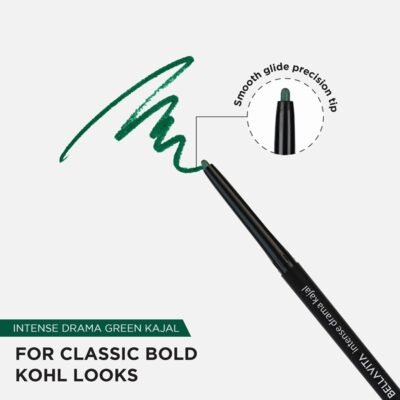 BELLAVITA Intense Drama Kajal Green Waterproof Smudge Proof | Long Lasting, Enriched with Vitamin E & Almond Oil | pencil Glossy | Kajal for women| 0.3 g