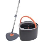 BonKaso 360° Spin Mop with Drop Bucket Deluxe System Set and Reusable Microfiber Pads for Wet & Dry Glass, Wall, Tile and Home Floor Cleaning - Grey and Orange