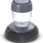 Kitchen Soap Dispensing Palm Brush | Dishwashing Scrubber with Built-in Soap Dispenser | Replaceable Scrubber Head & Stainless Steel Wire Ball