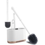 RIVIOX 4 in 1 Toilet Bowl Brush and Holder Wall Mounted Silicone Flat Toilet Cleaner Set Cleaning Tool Bathroom Cute Tool Toilet Scrubber Long Handle Toilet Brush with Plastic Handle White Grey