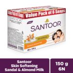 Santoor Skin Softening Sandal & Almond Milk Bathing Soap with Nourishing & Anti-Aging Properties| For Smooth & Soft and Younger-Looking Skin| For All Skin Types| 150g, Pack of 6