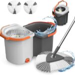 HIWARE 360 Degree Rotation Mop Set with Bucket, Floor Mop Complete Set with Adjustable Stainless Steel Handle & Foot Pedal, Foldable Cleaning Bucket with Super Water Absorbent Mat (Simple White)
