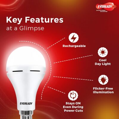 Eveready 12W Emergency Inverter LED Bulb, Cool Day Light (6500K), Rechargeable Bulb with 3 Hours Backup, Ideal for Powercuts, Energy Efficient, B22 Base, Pack of 1