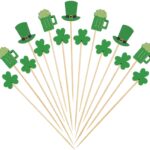 DERAYEE 150 Pcs St Patrick's Day Cocktail Sticks, 4.7 Inch Shamrock Disposable Bamboo Sandwich Fruit Toothpicks for Appetizers St. Patrick's Day Party (Irish Green Hat, Green Beer, Clover)