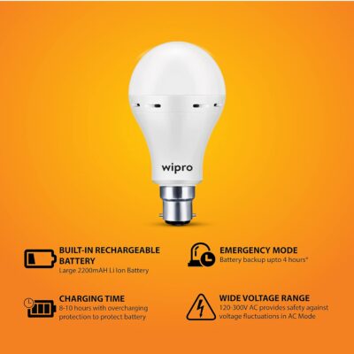 wipro Garnet 9w LED Emergency Bulb | Cool Day White (6500K) | B22 LED Bulb Base | Inverter Bulb for Home, with 4 Hours Battery Back up| Li-ion Battery | Over Charging Protection | Pack of 1