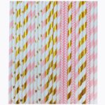 YAOSHENG [100 Pack] Pink & Gold Paper Straws Disposable, 100% Biodegradable Multi-Pattern Party Straws For Birthday, Wedding and Holiday Decoration (pink gold)