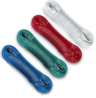 Aloud Creations PVC Coated Steel Wire Rope for Drying Clothes/Clothesline, Length 20 Meter with 2 Plastic Hooks (Multi Colour) – Pack of 4