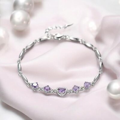 Nilu's Collection Rose Gold And Silver Plated Heart Shape Bracelet For Women (white, Purple)