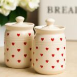 D'Maiolica Ceramic Handmade Pickle Jars In 1000Ml (Set Of 2) Hand painted Heart Print1 Kg Achaar Martaban Ceramic Container Set For Kitchen Storage (Pack Of 2)| Pottery Jars For Achar, Spices, Salt, Black