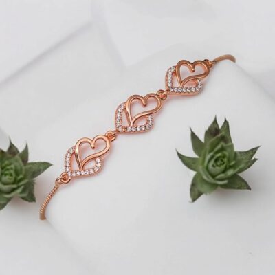 Nilu's Collection Rose Gold Plated American Diamond Crystal Contemporary Bracelet Jewellery with Adjustable Pull-Chain Bracelet for Women & Girls