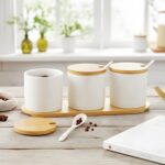 The Better Home Ceramic Condiment Jar Set of 3 (250 ml Each) | Bamboo Lids, Spoons & Tray | Airtight Kitchen Organizer for Pickle, Sauces & Masala | White